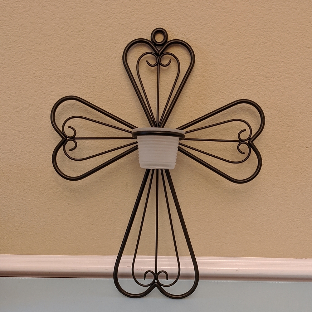 PartyLite Metal Scroll Cross Wall Sconce Votive Candle Holder Black Religious